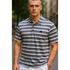 Adidas striped golf polo Blue Gray Athletic Stretch Outdoor Preppy Casual Mens L